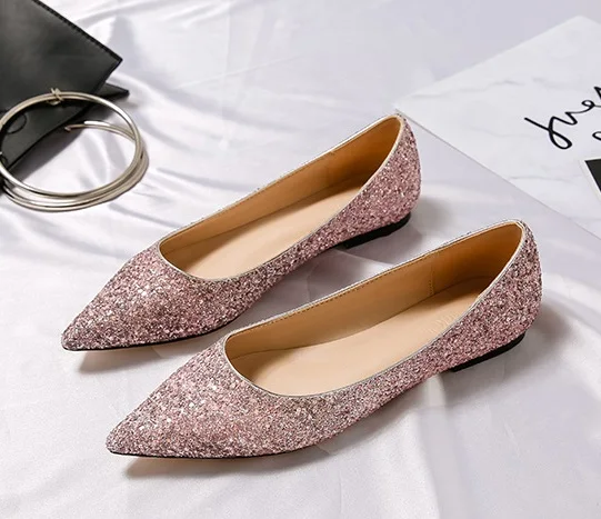 Женские блестящие туфли на плоской резиновой подошве с острым носком, расшитые блестками; цвет черный, белый, серый; свадебные туфли на плоской подошве; большие размеры 15, 45, 34 - Цвет: pink