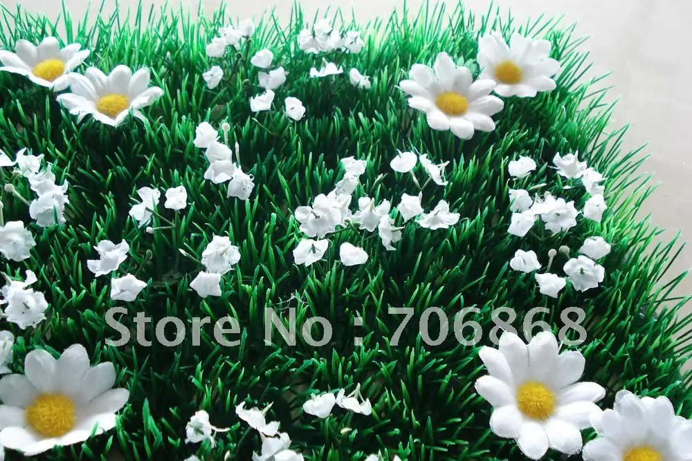 Free shipping 25*25 artificial plastic decorative grass mat with daisy