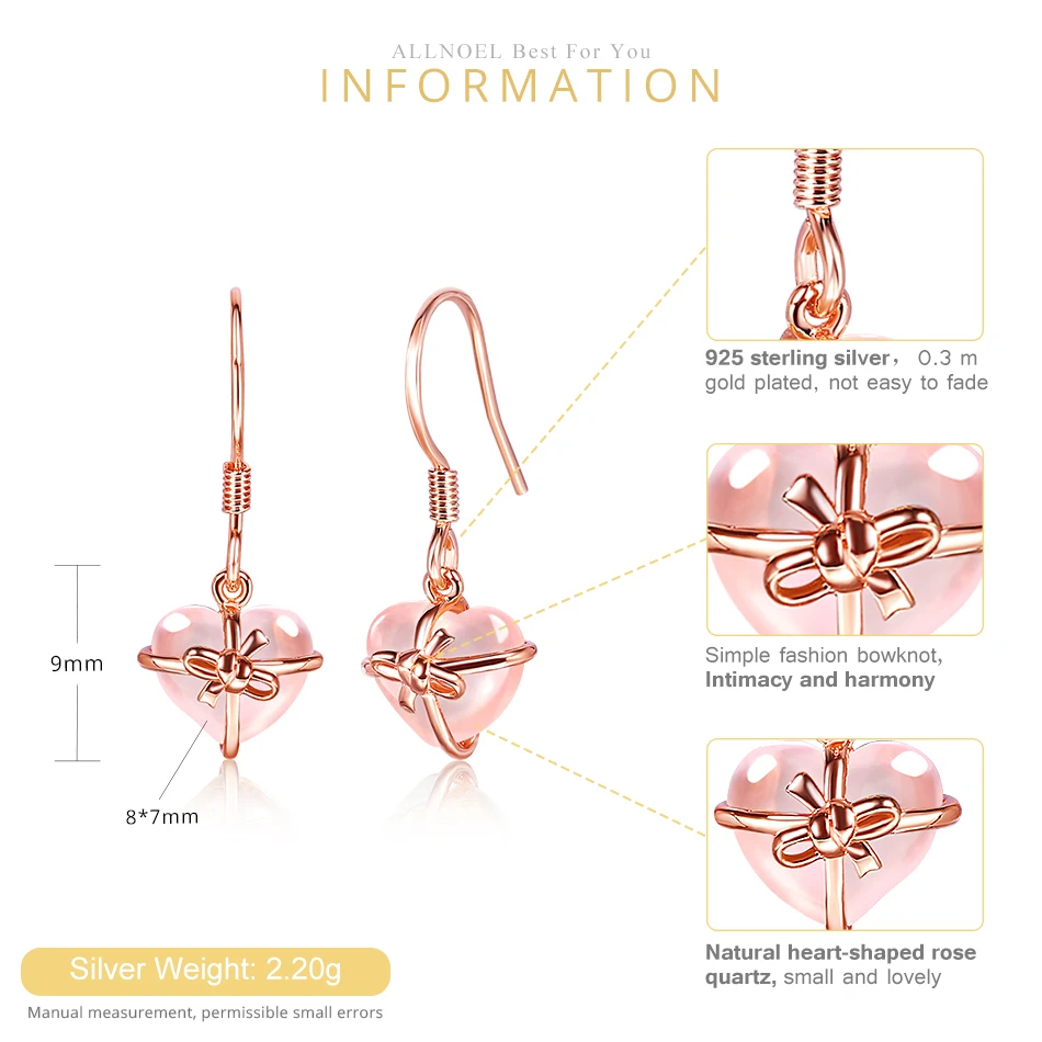 ALLNOEL Heart Rose Quartz Women's Earrings  925 Sterling Silver Gold Plated Drop Earring Natural Gemstone Fine Jewelry For Girl  (12)