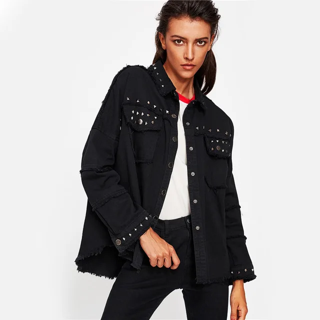

Haoduoyi 2018 Fashion Korean Autumn Women Black Studded Frayed Denim Jacket Coats Lapel Irregular Hem Jean Streetwear Outerwear