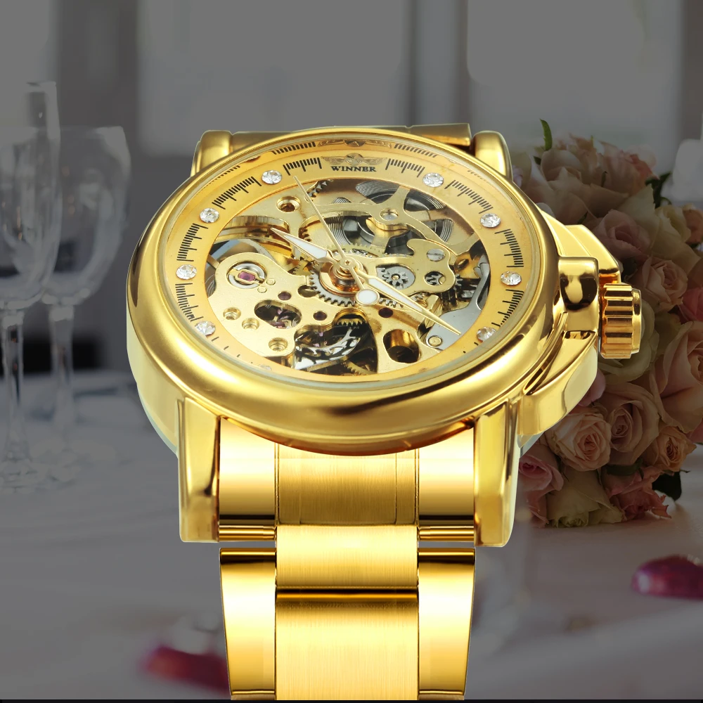 WINNER Золотые женские Авто механические часы Роскошный Кристалл алмаз скелет дизайн нержавеющая сталь Ремешок наручные часы Лучший подарок