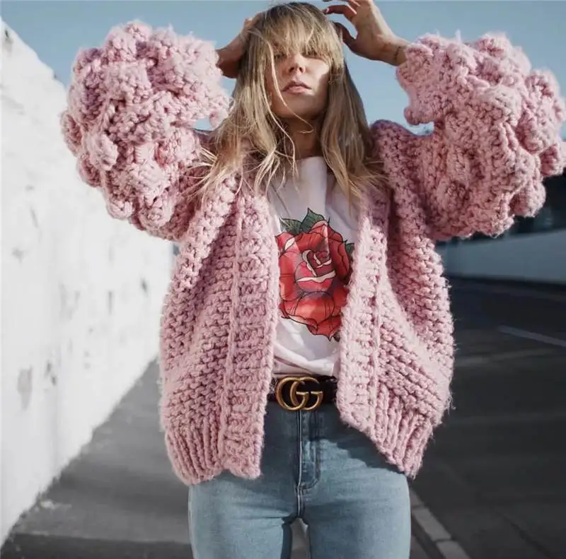 Новинка, модный разноцветный вязаный свитер для женщин, Зимний вязаный кардиган с рукавами-фонариками и открытой строчкой, Befree Sueter Mujer - Цвет: pink