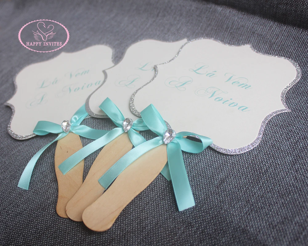 HI9034-07 Customized Glitter Fan Shape Place Card Menu Card Table Card Wedding Program with Wooden Handle