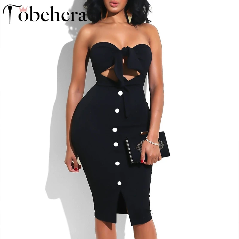 

Glamaker Strapless hollow out bow summer sexy women dress Button bodycon spring midi party dress Elegant black club casual dress