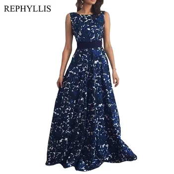 

REPHYLLIS Evening Party Ceremony Prom Wedding Vestidos O Neck Sleeveless Backless Robe Print Floral Gown Formal Vintage Dress