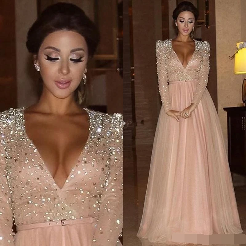 Formal Evening Dress 2019 Long Sleeves Deep V Neck Crystal Blush Pink Arabic Red Carpet Prom Party Pageant Gown Formal Evening Dress 2019 Long Sleeves Deep V Neck Crystal Blush Pink Arabic Red Carpet Prom Party Pageant Gown