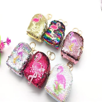 

Women Mini Flamingo Sequins Coin Earphone Purse Bag Small Wallet Key Chain Zipper Paillette Square Coin Purse Kids Cute Bags