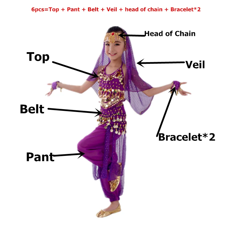 Детский набор костюма для танца живота Восточный танец девушки танец живота Индия танец живота одежда танец живота дети Индийский 6 цветов - Цвет: Purple 6pcs