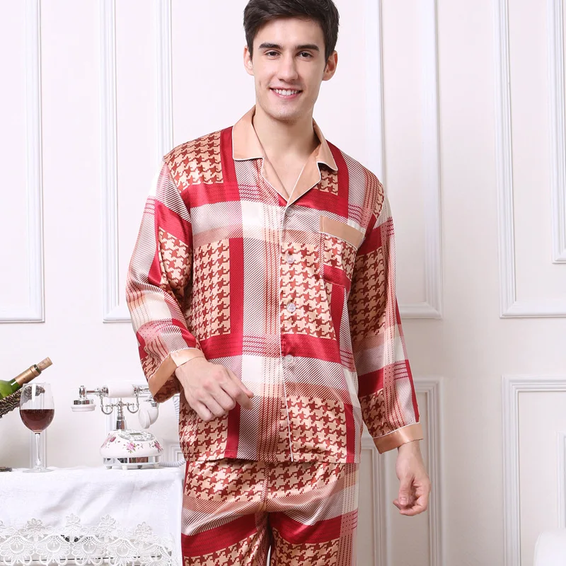 SusanDick благородный шелк Для мужчин пижамы с длинными рукавами и принтом элегантные мужские ночное сна Одежда Осень Китай Satin Pajama Set - Цвет: red
