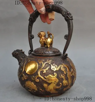 

Crafts statue bronze Guardion Foo dog lion dragon beast Wine TeaPot Flagon