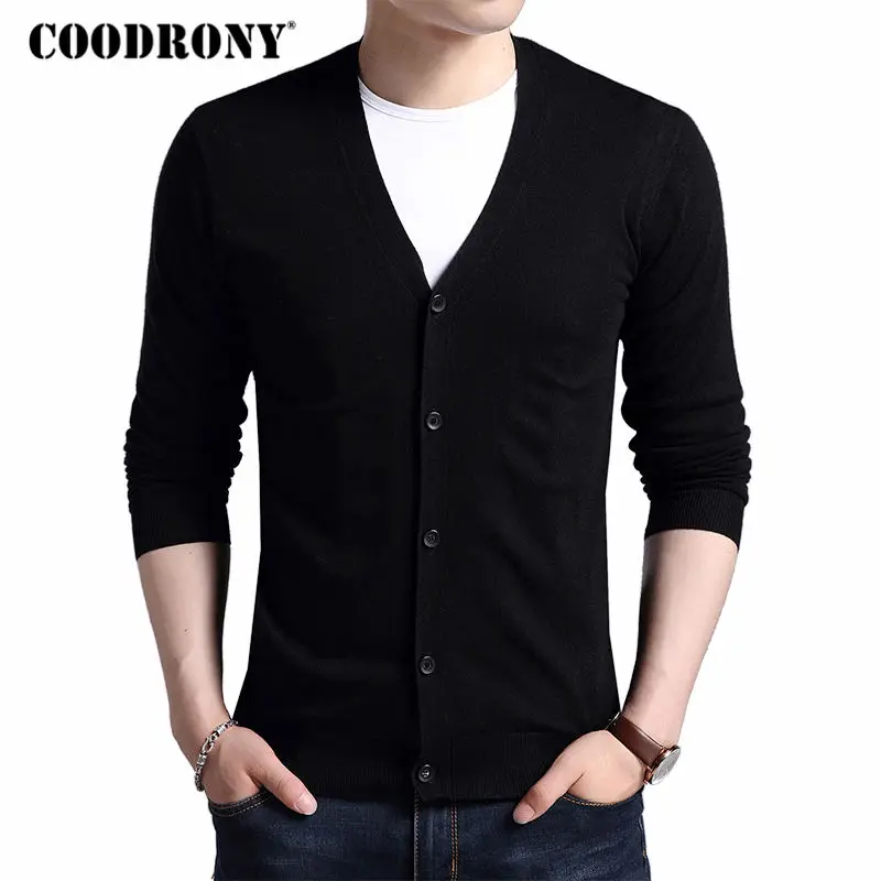 Online COODRONY Cardigan hombre 2019 otoño invierno suave cálido suéter de lana de Cachemira hombre Color puro Casual Chaquetas de punto con cuello en V superior 7402