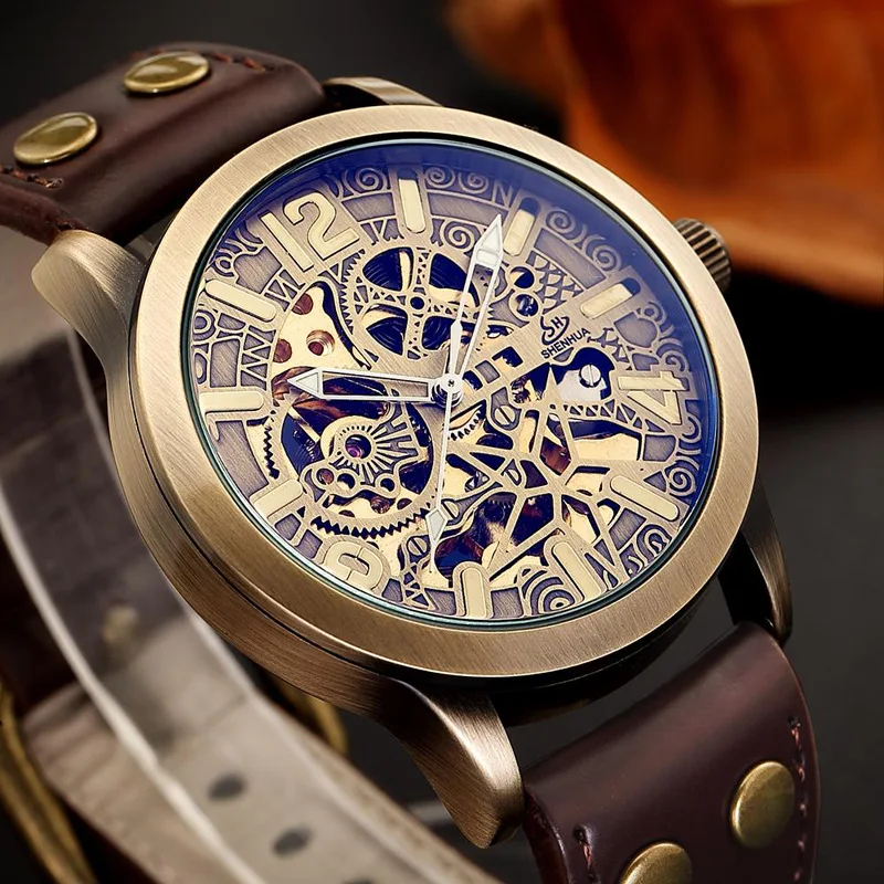 Золотые часы Лидирующий бренд эксклюзивные механические часы Для мужчин Сталь кожаный ремешок Скелет циферблат моды Бизнес наручные часы