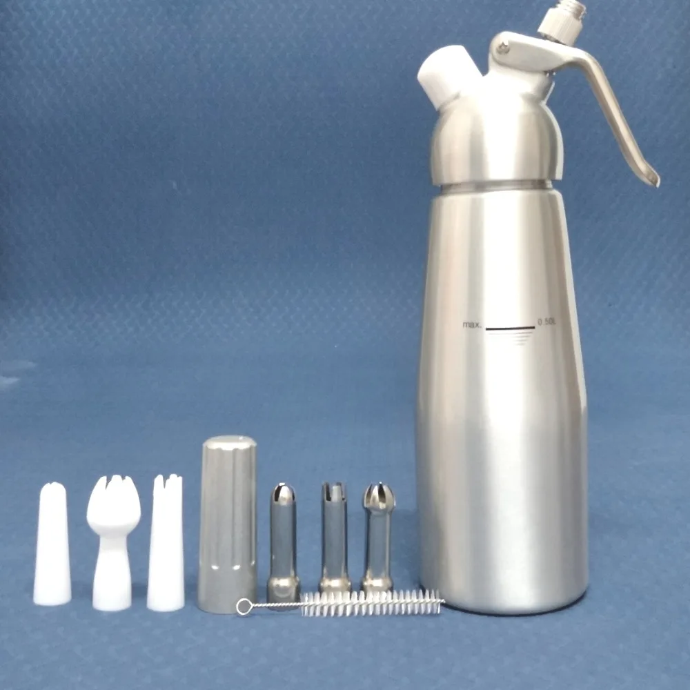 Ceny 2019 całe aluminium dozownik bitej śmietany kufel Gourmet Whipper dysze ozdobne ze stali nierdzewnej + plastikowa tubka do ciasta (0,5l)