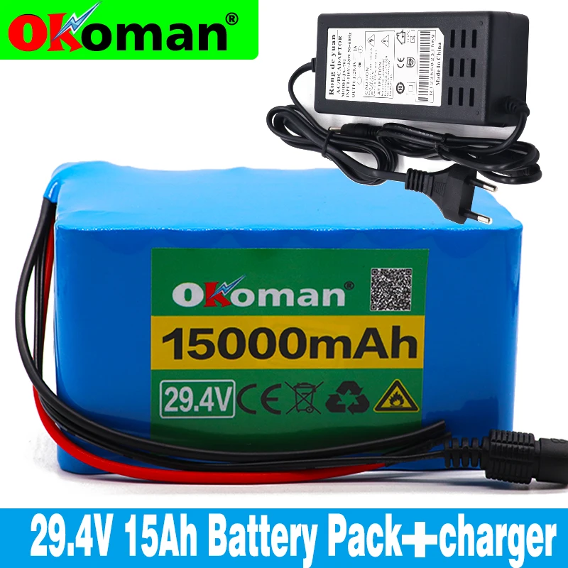 

Okoman high quality 7S5P 24v 15Ah battery pack 250w 29.4V 15000mAh lithium ion battery for wheelchair electric bicycle + charger