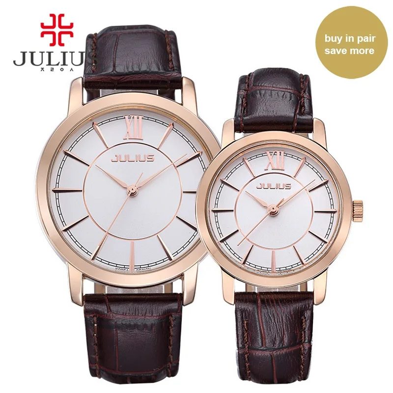 Julius мужские и женские парные часы для влюбленных парные часы кожаные повседневные часы высокого качества модные брендовые часы кварцевые JA-808 - Цвет: Rose Gold