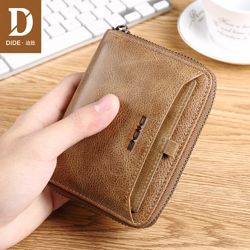 

DIDE Short Wallet Genuine Leather Cow Wallet Men Male Zipper Coin Purse Bag Credit&ID Card Holder Brand Vintage Casual