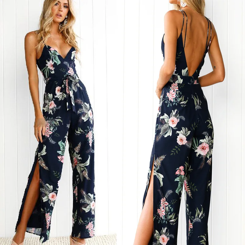 2018 Newest Summer Sexy Deep v neck jumpsuits backless print sleeveless ...