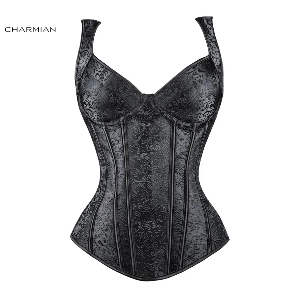 

Charmian Women's Gothic Retro Overbust Corset Vest Sexy Shoulder Straps Spiral Steel Boned Bustier with Lightly Cup Corselet