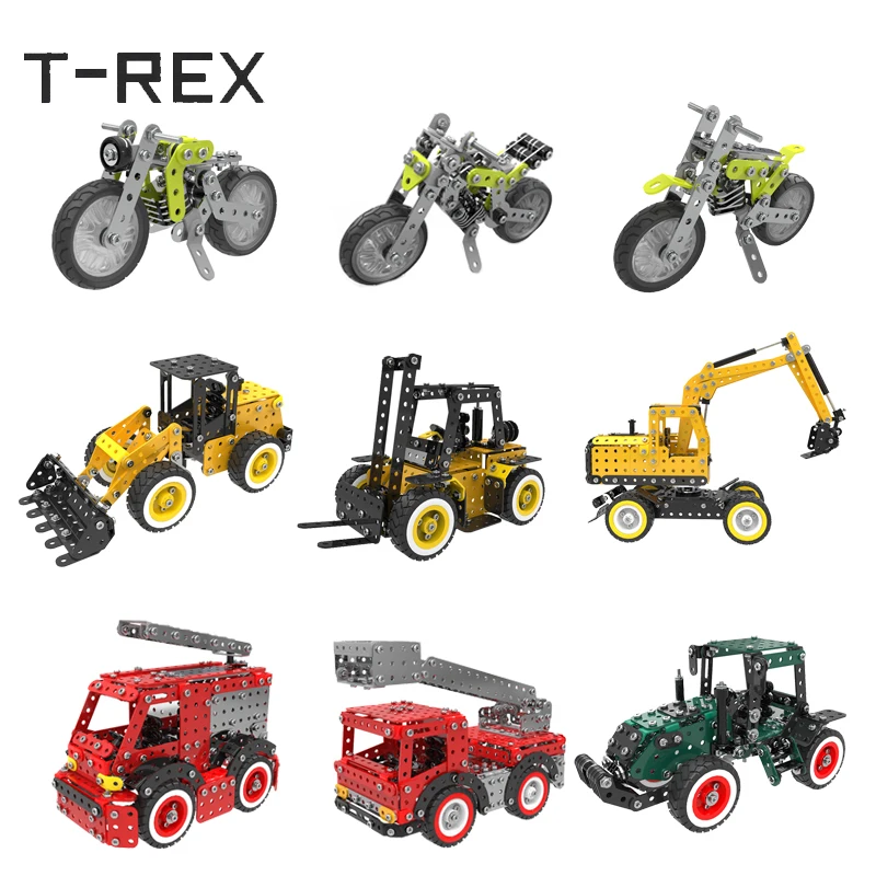 

T-REX Alloy Metal Assemble Toys 3D Motorcycle Fire Truck Engineering Building Blocks Collectible Airplane Model Gift for Kids
