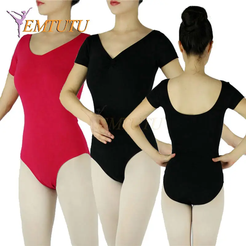 Adult Short Sleeves Ballet Leotards Black Cotton Lycra Ballerina Dance