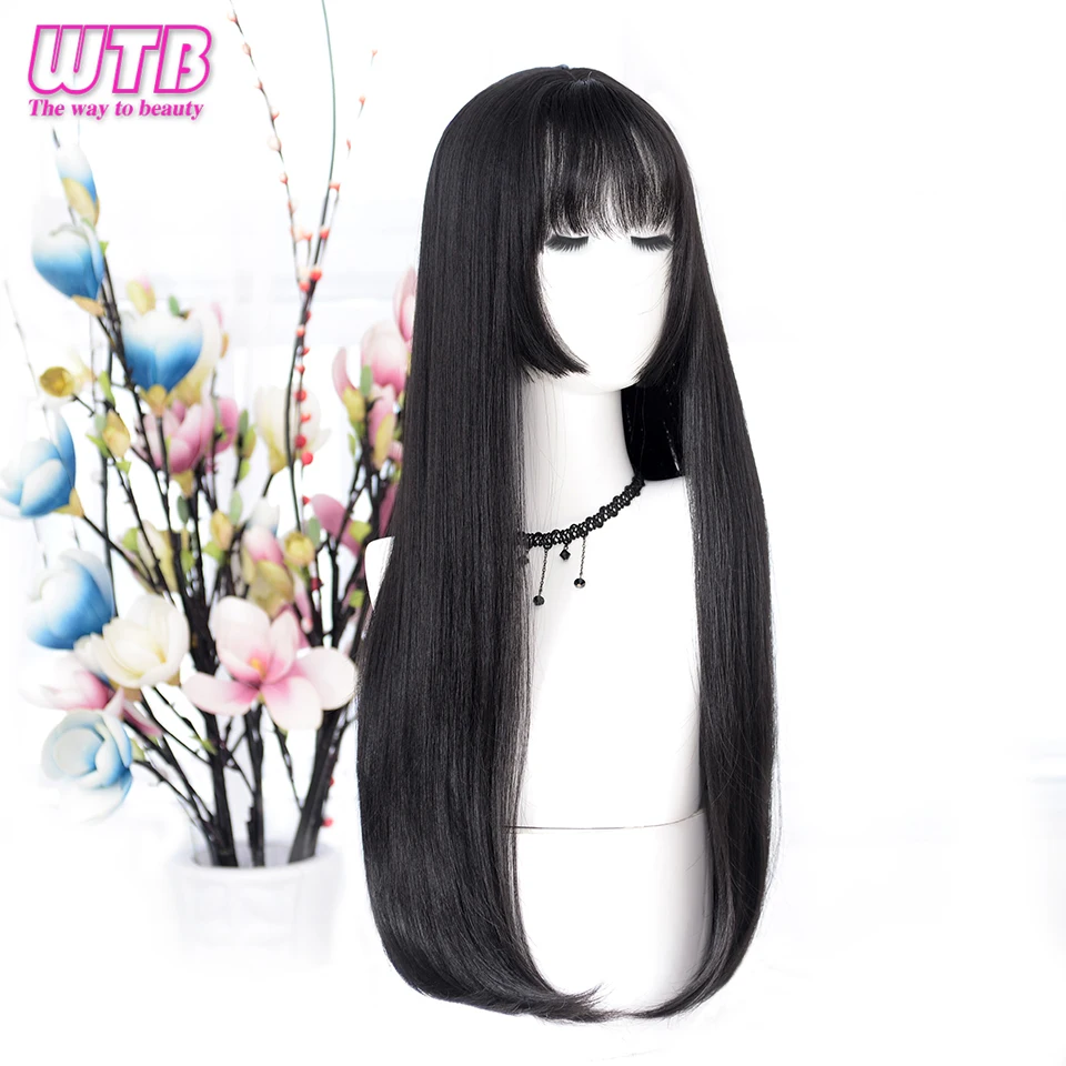 Pelucas sintéticas negras de pelo lacio largo WTB para mujer moda femenina Cosplay fiesta pelucas de Navidad regalos gratis Pelucas sintéticas negras de pelo lacio largo WTB para mujer moda femenina Cosplay fiesta pelucas de Navidad regalos gratis