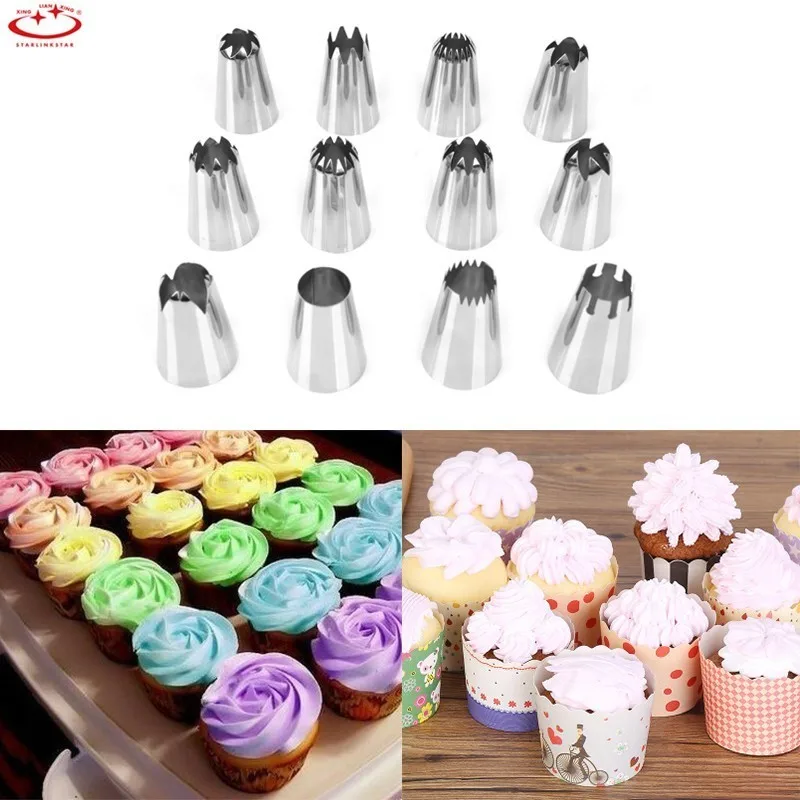 

12PCS/Set Big Stainless Steel Nozzles For Decorating Piping Cream Pastry Tips Piping Set Cake Set Baking Set Cake Decorating Too