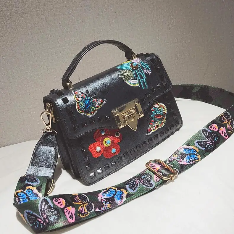 Винтажная модная сумка из искусственной кожи, женская дизайнерская сумка с вышитыми цветами и заклепками, женская сумка через плечо - Цвет: Зеленый