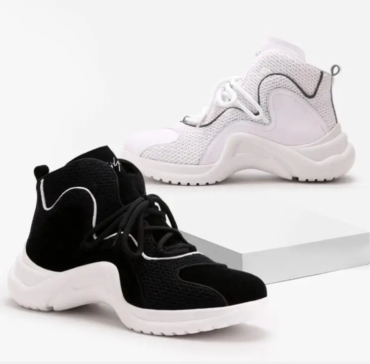 

2018 SZTYLSZH Black and white Ladies' thick soled mountaineering shoes Stitching tie of leather net cloth Breathable shoe