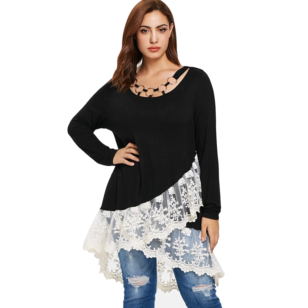 ROSEGAL Plus Size Lace Trim Layered Tunic T-Shirt Autumn O Neck Long Sleeve Ladies Tops Casual T Shirt 2019 Women Clothing | Женская