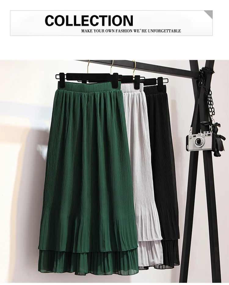 Женская милая шифоновая юбка с оборками, плиссированная юбка средней длины с высокой талией, юбки для женщин серого, зеленого, черного цвета, пляжная юбка для праздника
