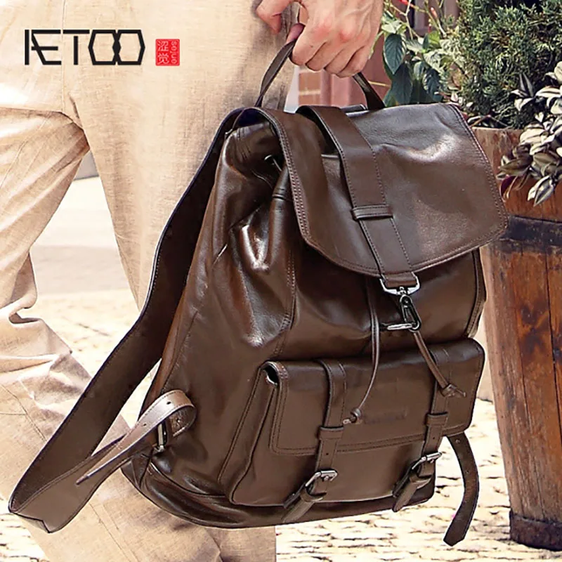 

AETOO Male bag leather shoulder bag, student travel cowhide backpack, large capacity outdoor travel bag