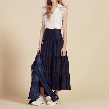 

2019 spring and summer new fashion turn down collar sleeveless hollow out lace embroidery women hit the color long dress