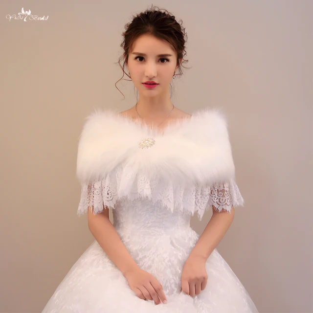 Reviews LZP190 Beautiful Off Shoulder Wedding Shawls White Fur Bolero And Lace Winter Wedding Cloak
