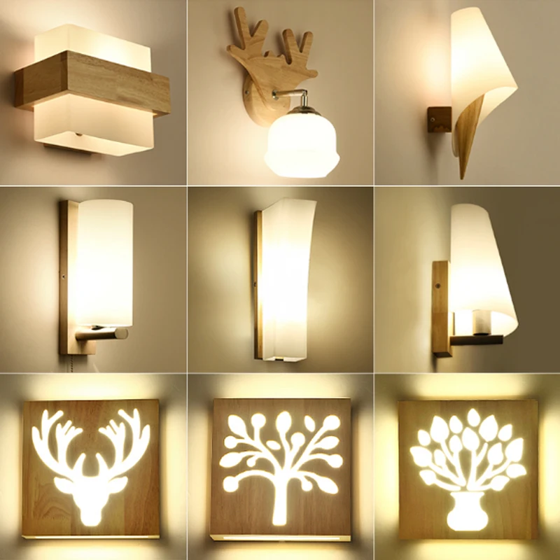 LED solid wood wall lamp bedroom wall light creative living room
