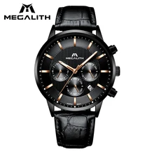 Черные деловые часы MEGALITH, мужские водонепроницаемые наручные часы с хронографом, датой, календарем, мужские часы из натуральной кожи, мужские часы