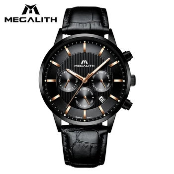 

MEGALITH Black Business Watch Men Waterproof Chronograph Wrist Watch Date Calendar Genuine Leather Men's Watch Relogio Masculino