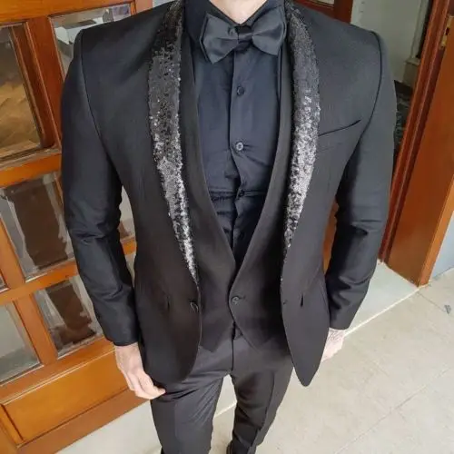 Refurbished Offer of  2019 Latest Design Custom Men's Black Suit Shiny Beads Slim Fit Groom Wedding Dress Tuxedo 3 Pieces