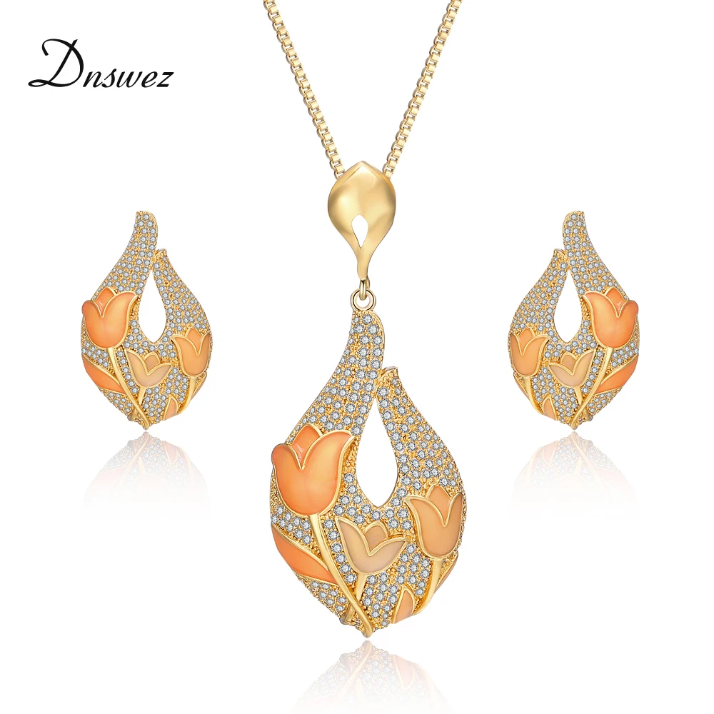

Dnswez Pave Setting Zircon Tulip Flower Pattern Jewelry Sets for Women Enamel Necklace Earrings Sets High Quality Jewelry Gift