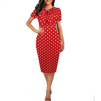 

Summer Dress Casual Women Wear To Office Red Dot Full Sleeve Knees Length Bodycon Pencil Dress With Bow