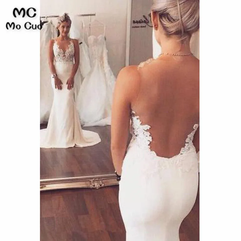 

Illusion 2019 Mermaid Wedding Dresses Vestido de noiva V-Neck Lace Applique robe de soiree See Though Bridal Gowns Wedding Dress