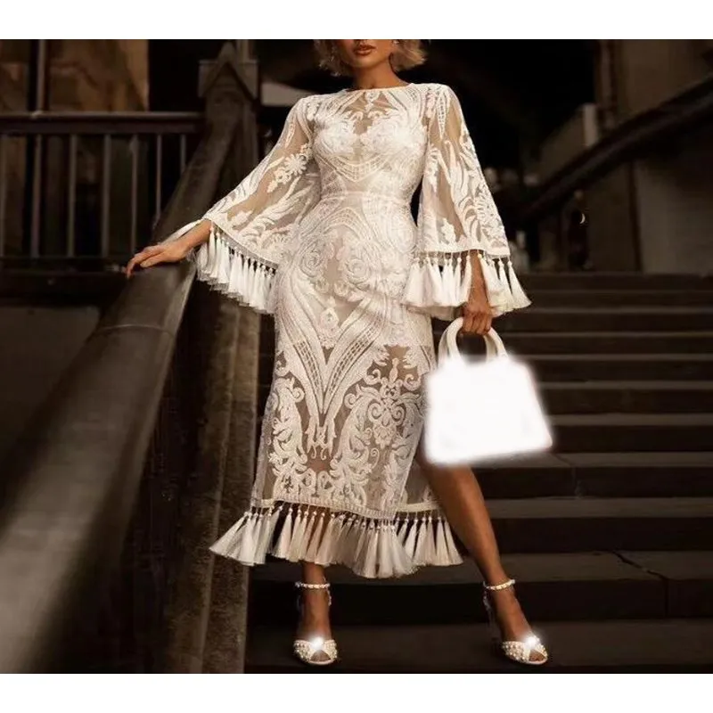 

2019 Summer Flare Sleeve White Tassel Slit Lace Dress Boho Long Beach Dress Sheath Women Embroidery Maxi Dresses Vestidos