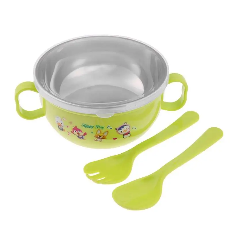 Набор детской посуды из 3 предметов, детская миска для кормления детей+ крышка+ ложка+ вилка, обучающая посуда для малышей, столовая посуда для младенцев 300 мл - Цвет: Зеленый