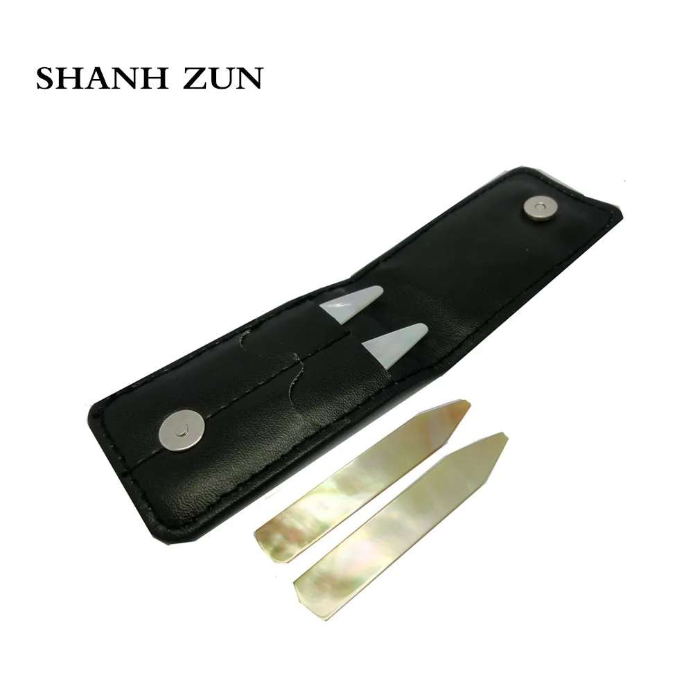 

SHANH ZUN Handmade Polished Natural Mother-of-pearl Shell Collar Stays Pack of 4 in Black Leather Wallet