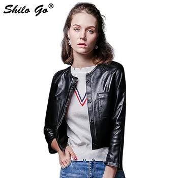 

SHILO GO Leather Jacket Autumn Fashion sheepskin genuine leather Jacket O Neck single breasted double front pocket baseball coat
