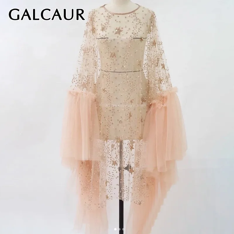 

GALCAUR Sequined Patchwork Women Dress O Neck Flare Sleeve Perspective Oversized Mesh Mini Dresses Female 2019 Summer New