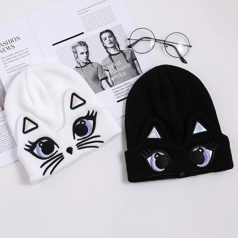 Bonnet Brode Avec De Grands Yeux Oreilles De Chat Brillantes Chapeau Tricote Mignon Dessin Anime Visage De Chat Gorro Aliexpress