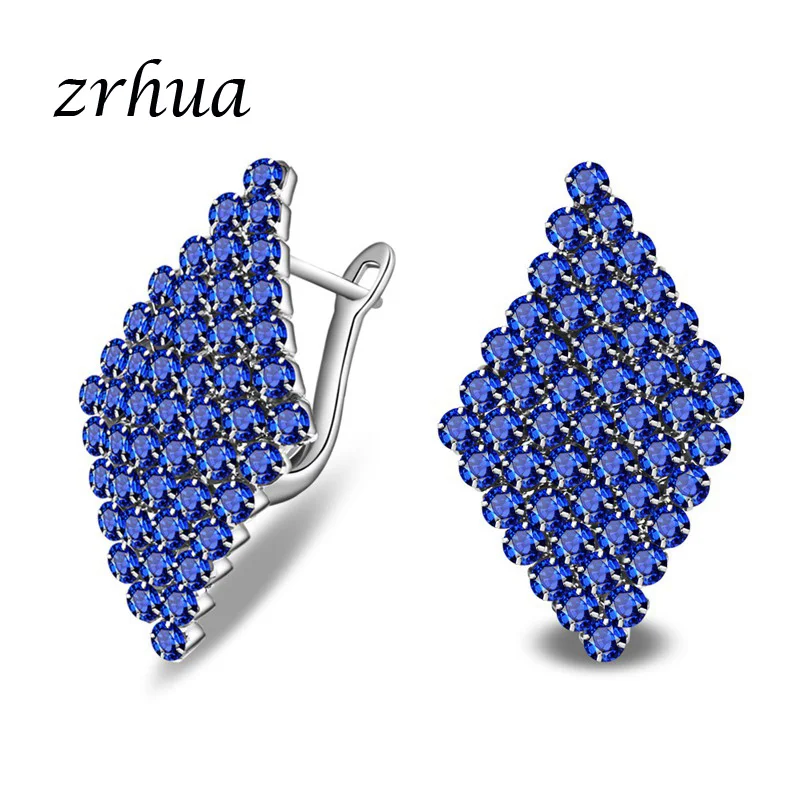

ZRHUA Vintage 925 Sterling Silver Hoop Earrings Paved Shiny Blue Zircon Stone Top Grade Jewelry for Women Wedding Engagement