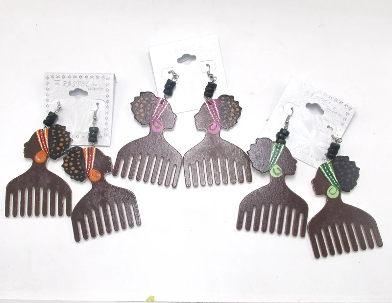 

Free Shipping! Printing Afro PicK Wooden Earrings
