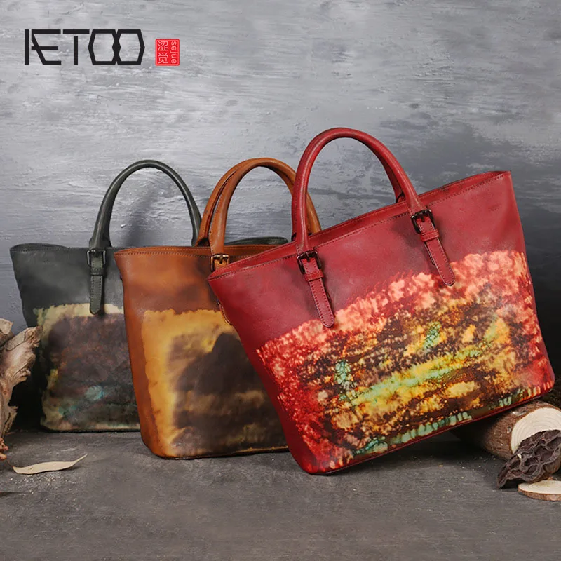 

AETOO National wind female first layer of leather hand rub color leather handbag large-capacity personalized hand-made
