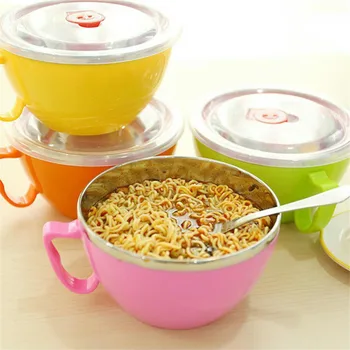 

600ml Noodle Bowl With Lid Handle Stainless Steel Plastic Leak-Proof Food Container Rice Soup Bowls Safe Durable For Office Home